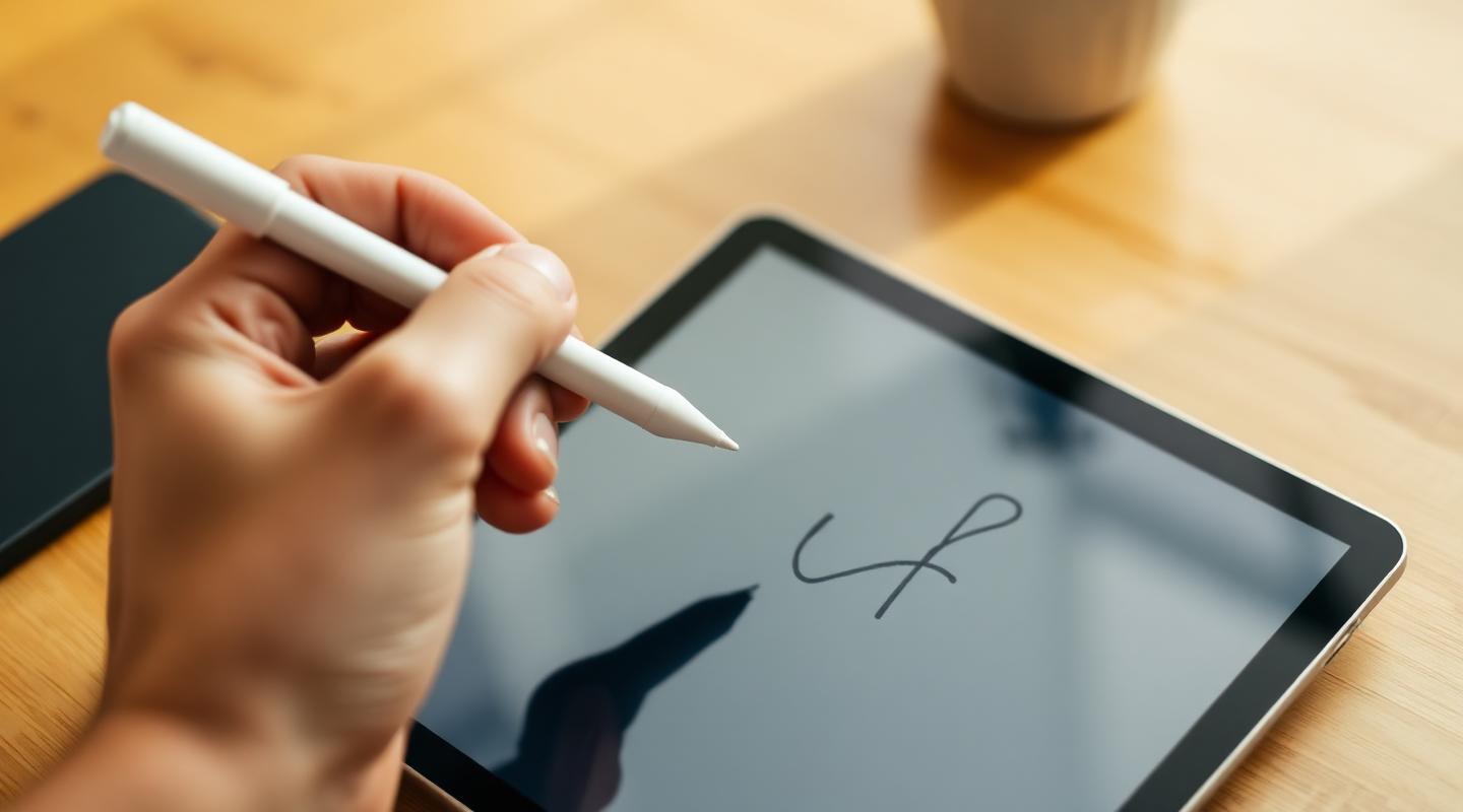 Hand sketching with Apple Pencil on iPad at a warm wooden desk